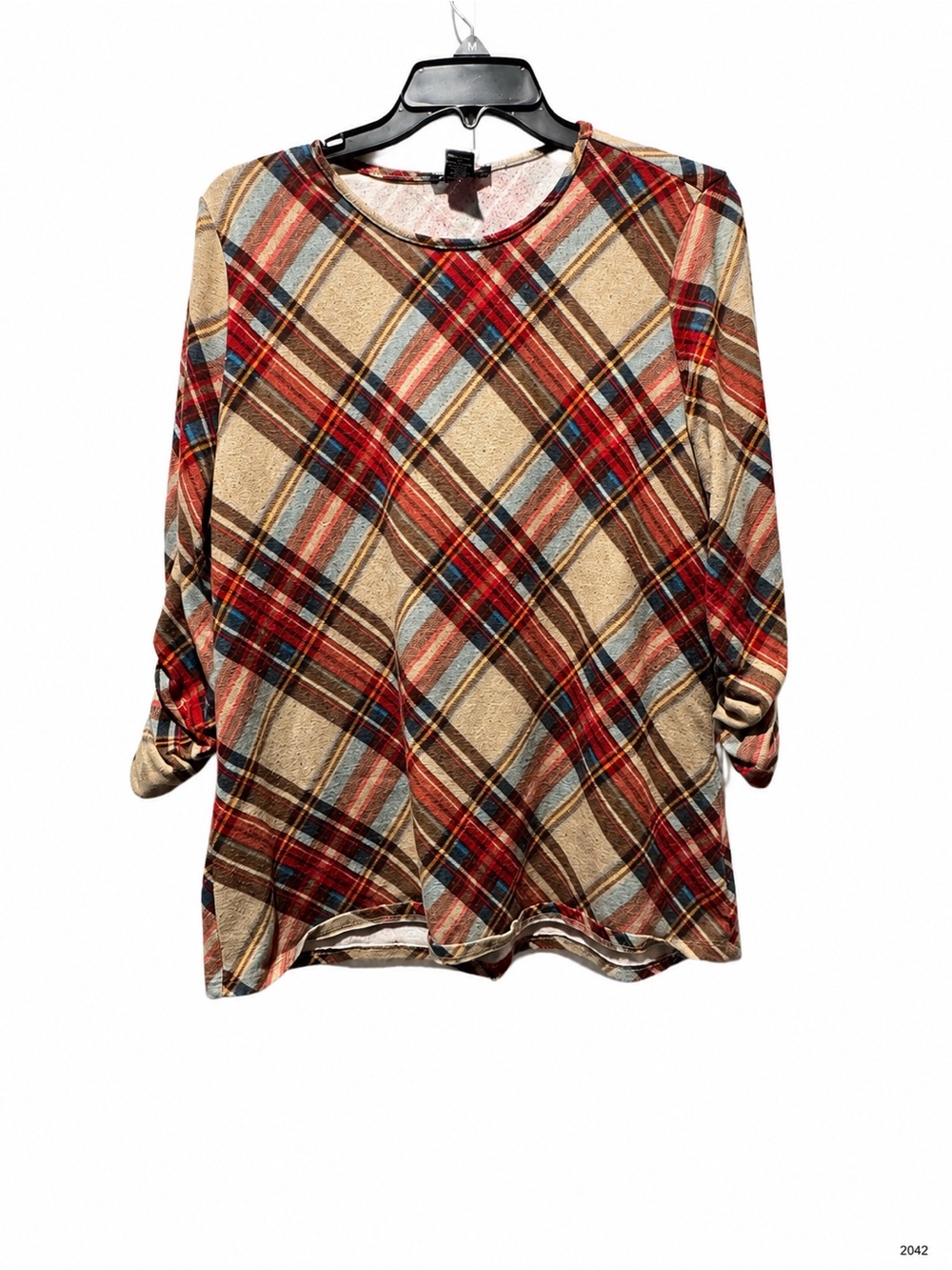 Robert Louis Women’s Plaid Ruched 3/4 Sleeve Stretch Top